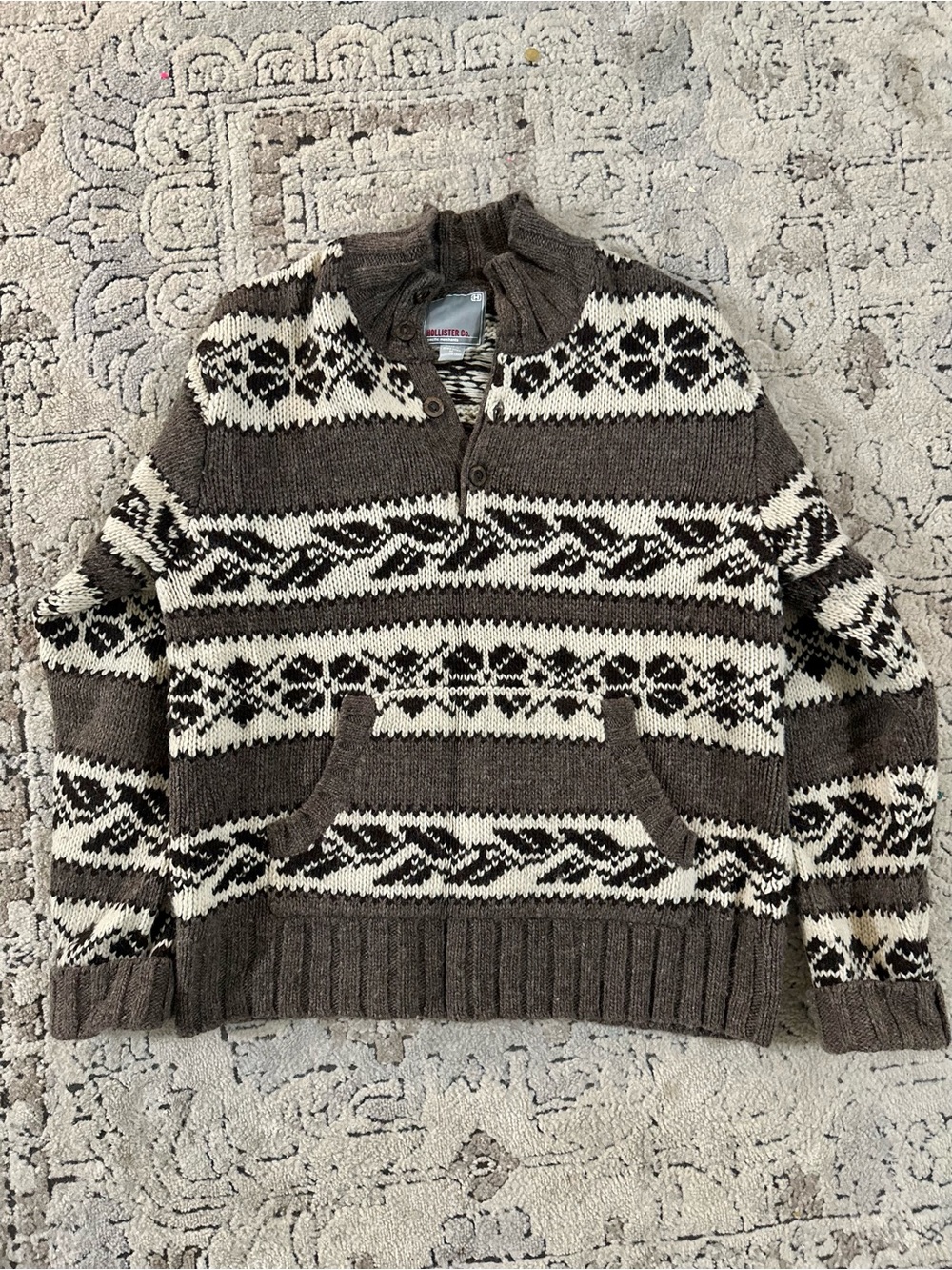 Hollister Co. Mens Y2K Wool Knit Fair Isle Collar Sweater Medium